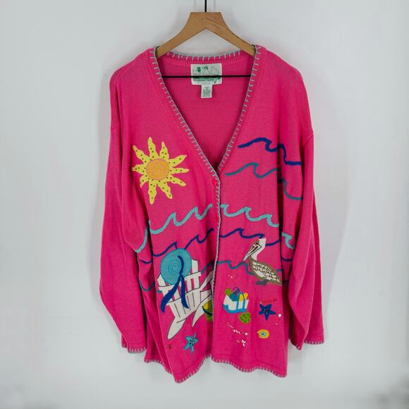 Quacker Factory 3X Pink Beach Scene Embroidered Cardigan Coastal Nautical - Picture 11 of 11